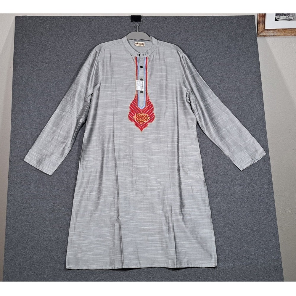 Svanik Mens Grey Handloom Embroidered Ethnic Kurta SVEST1953 XL